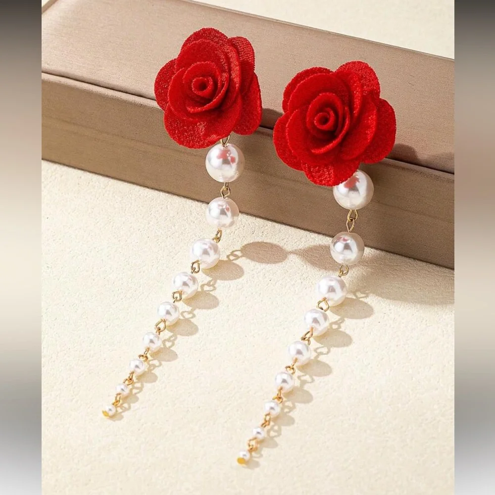 Forever Yours Red Rose Pearl Tassel Earrings NEW 🏷️